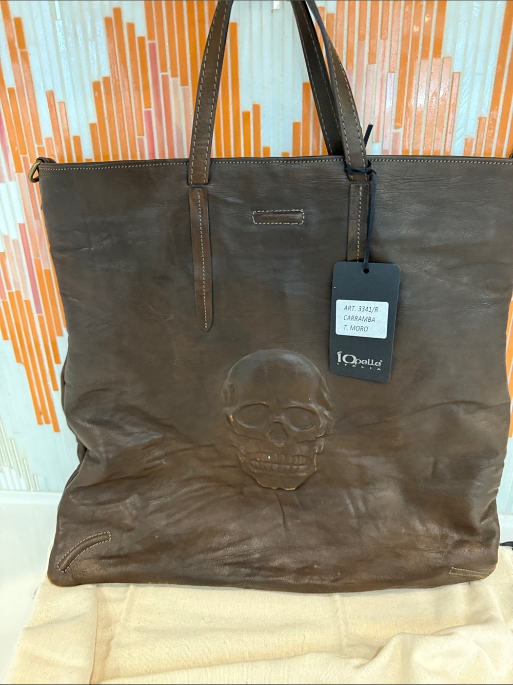 Leather Satchel Tote in Dark Brown with Embossed Skull
